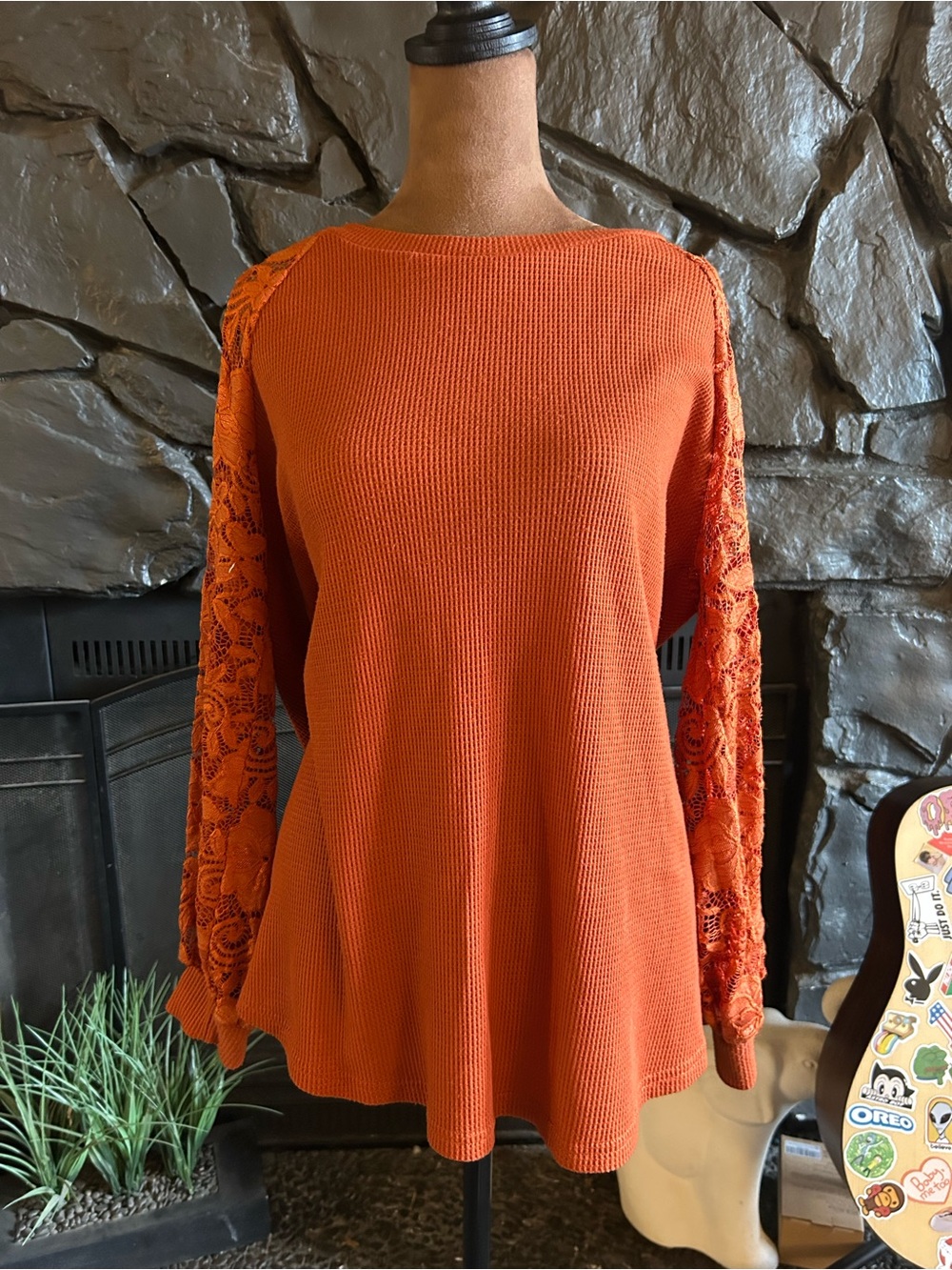 Bloomchic Women's Orange Lace-Sleeve Knit Top